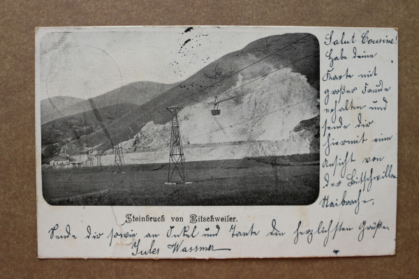 Postcard PC Bitschweiler Bitschwiller les Thann Alsace 1902 quarry cable car France 68 Haut Rhin